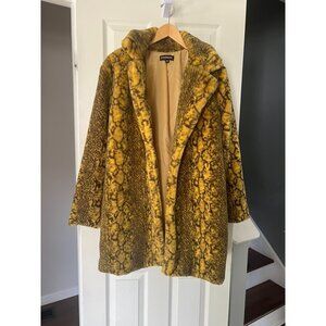 Eilly Bazar Faux Fur Coat M Yellow Brown Snake Print Plush Jacket Y2K Statement